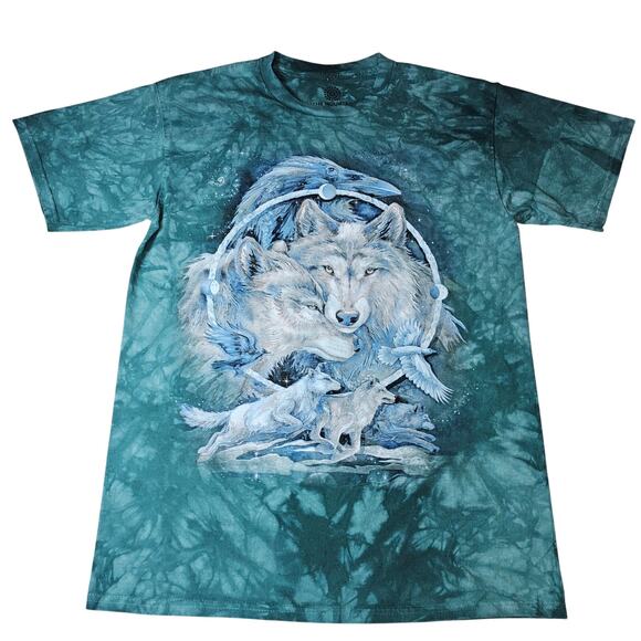 The Mountain T-Shirt Teal Blue Tie Die with Wolves and Eagles Medium - Picture 1 of 5